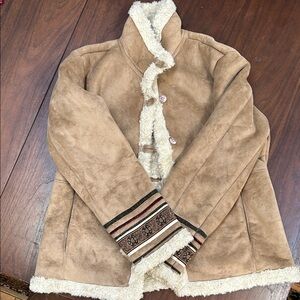 Coldwater Creek Tan Teddy Jacket with Embroidered Cuffs